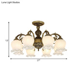 Frosted Glass Bronze Semi Flush Ceiling Lamp With Flower Design - 3/5/6 - Bulb Antique Lighting