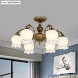 Frosted Glass Bronze Semi Flush Ceiling Lamp With Flower Design - 3/5/6 - Bulb Antique Lighting