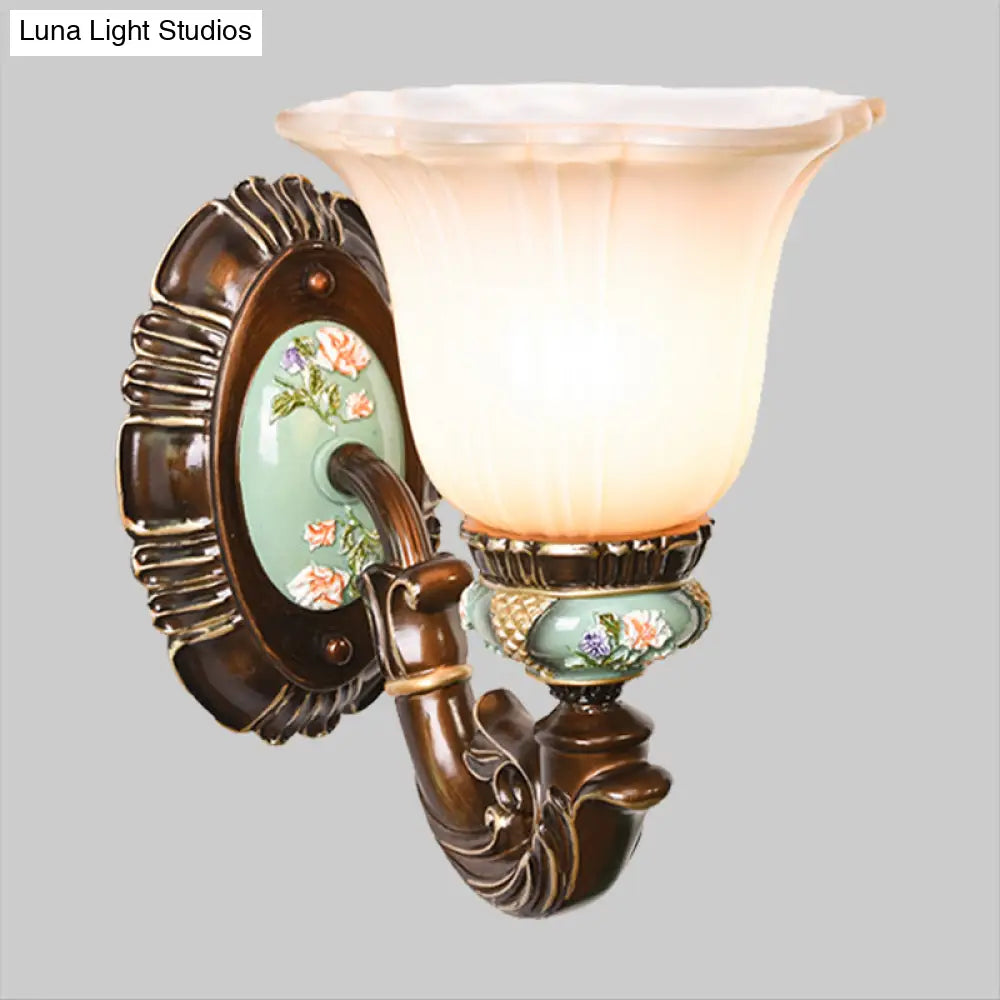 Frosted Glass Brown Wall Light - Rustic Bell Design Rural Sconce For Guest Room
