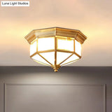 Frosted Glass Cap Ceiling Light With Brass Mount - Minimalist 2 - Bulb Flush Fixture For Corridors