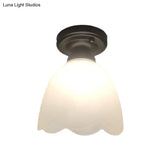 Frosted Glass Ceiling Fixture: Flower Bud Flush Mount Lamp - Loft Style Black Perfect For Hallways