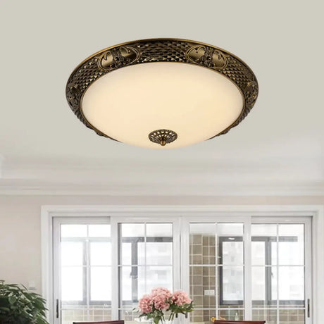 Frosted Glass Ceiling Fixture - Rustic Led Bedroom Flush Mount Lighting In Brass (Bowl Design