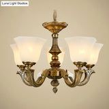 Frosted Glass Chandelier: Paneled Bell Pendant Light In Traditional Gold Design For Dining Rooms