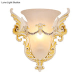 Frosted Glass Colonial Wall Sconce - 1 Bulb Flush Mount Light In White/Gold