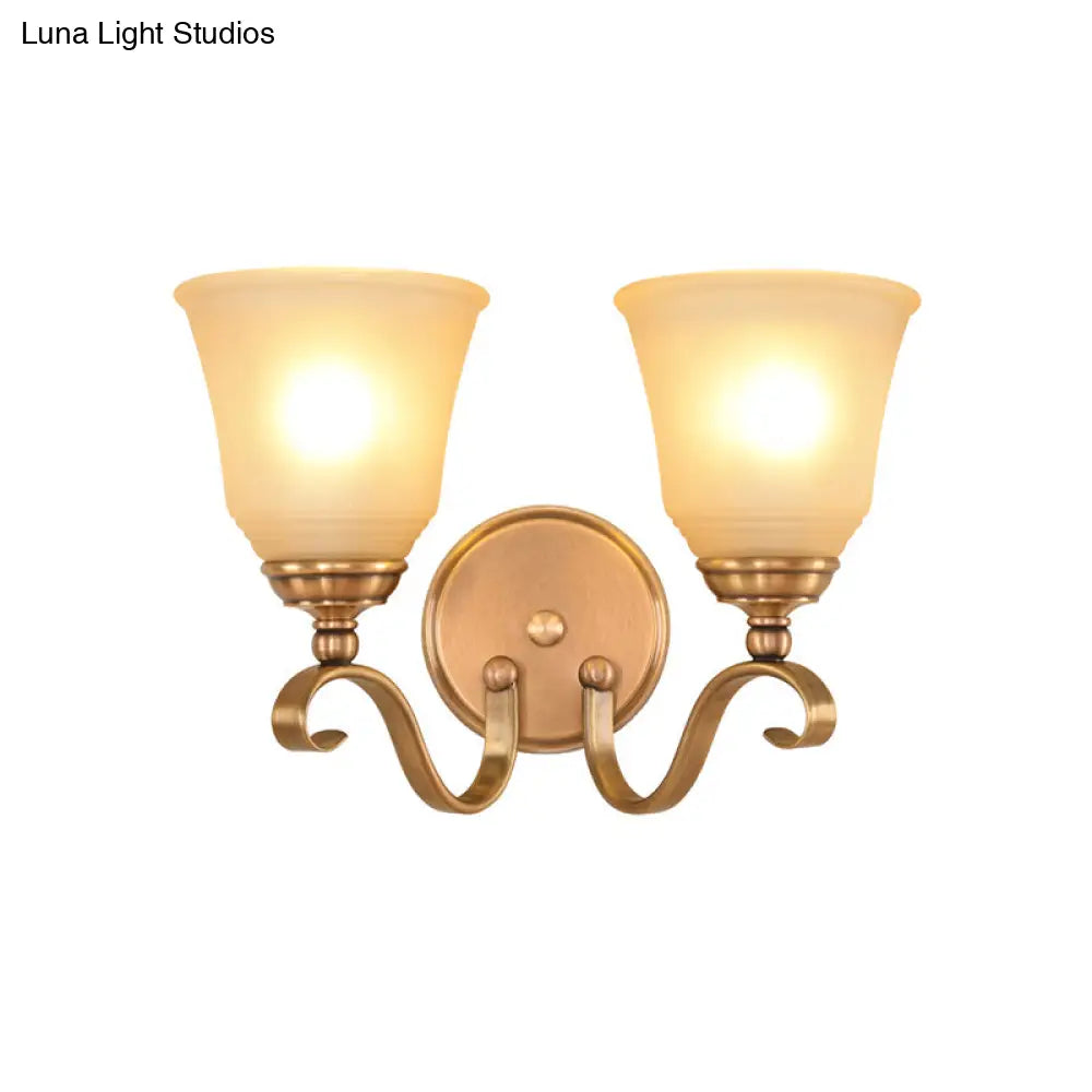 Frosted Glass Gold Wall Lamp 1/2-Light Sconce With Metal Curved Arm - Colonial Style