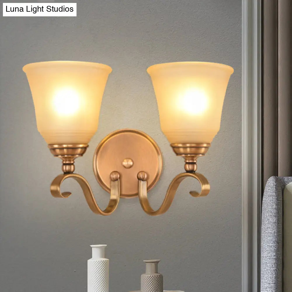 Frosted Glass Gold Wall Lamp 1/2-Light Sconce With Metal Curved Arm - Colonial Style