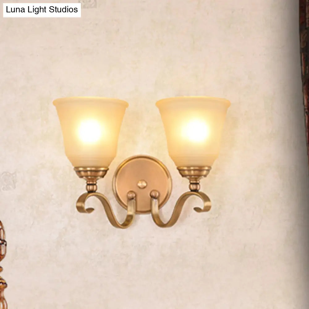 Frosted Glass Gold Wall Lamp 1/2-Light Sconce With Metal Curved Arm - Colonial Style