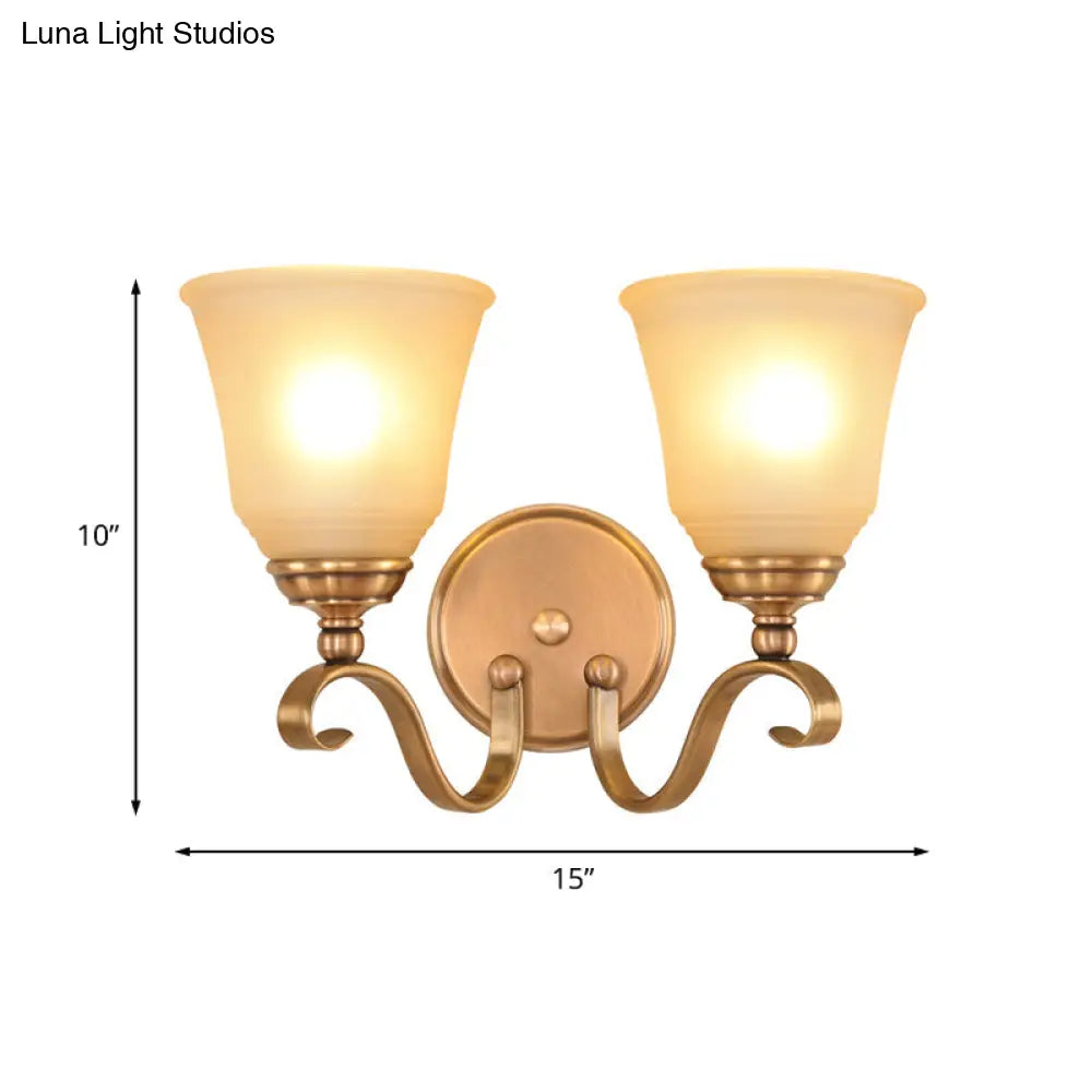 Frosted Glass Gold Wall Lamp 1/2-Light Sconce With Metal Curved Arm - Colonial Style
