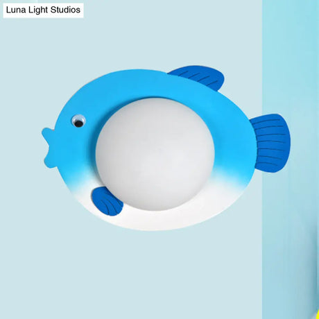 Frosted Glass Mini Sphere Sconce Kids Wall Light With Fish Backplate - Blue/Yellow Led Warm/White