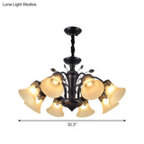 Frosted Glass Morning Glory Chandelier - Farmhouse Ceiling Pendant (3/6/8 Lights) In Black/White