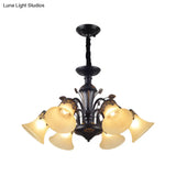 Frosted Glass Morning Glory Chandelier - Farmhouse Ceiling Pendant (3/6/8 Lights) In Black/White