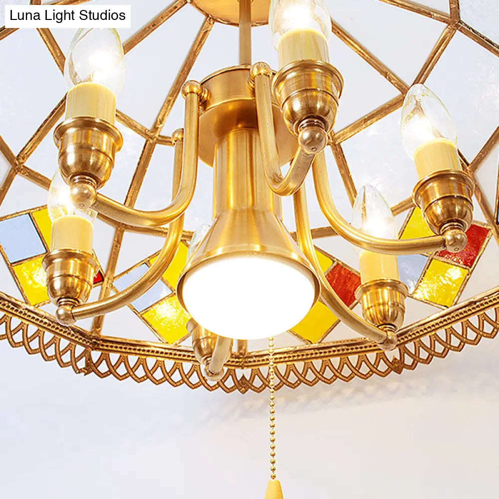 Frosted Glass Red Chandelier Pendant - 7-Light Colonial Down Lighting Lamp