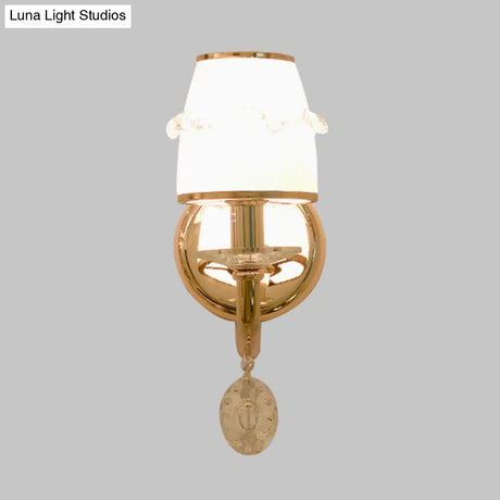 Frosted Glass Sconce With Crystal Drop: Gold Barrel Wall Mounted Light For Traditional Living Rooms