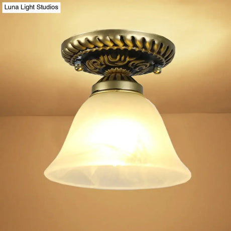 Frosted Glass Semi Flush Mount Vintage Bronze Bell Ceiling Light