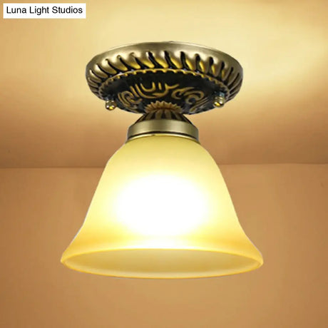 Frosted Glass Semi Flush Mount Vintage Bronze Bell Ceiling Light