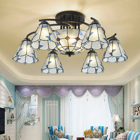 Frosted Glass Tiffany Style Ceiling Light Fixture - White/Yellow/Blue Semi-Flush Mount