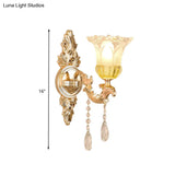 Frosted Glass Wall Sconce With Crystal Draping - Traditionalist Gold Flower Design For Living Room