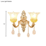Frosted Glass Wall Sconce With Crystal Draping - Traditionalist Gold Flower Design For Living Room