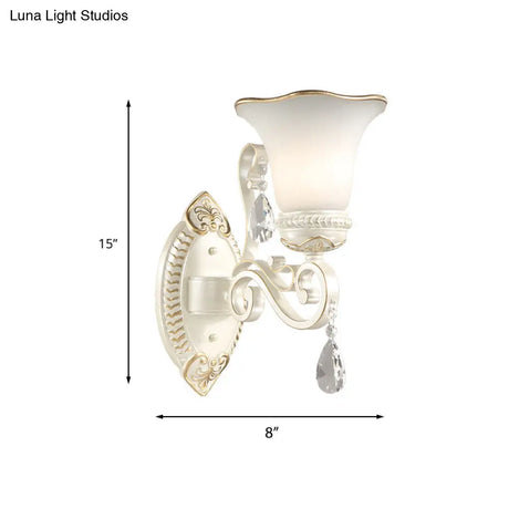 Frosted Glass Wall Sconce With Floral Shade And Crystal Accent For Living Room