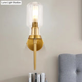 Frosted Glass Wall Sconce With Gold Flush Mount For Stairway - Traditionally Designed Cylinder Light