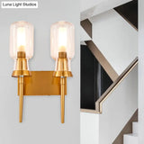 Frosted Glass Wall Sconce With Gold Flush Mount For Stairway - Traditionally Designed Cylinder Light
