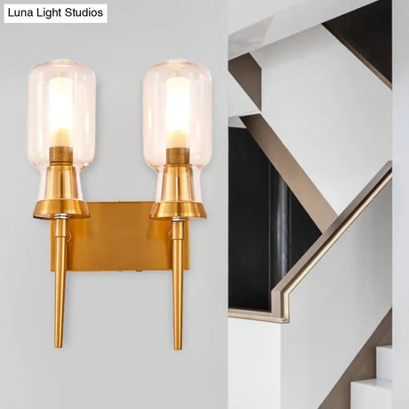 Frosted Glass Wall Sconce With Gold Flush Mount For Stairway - Traditionally Designed Cylinder Light