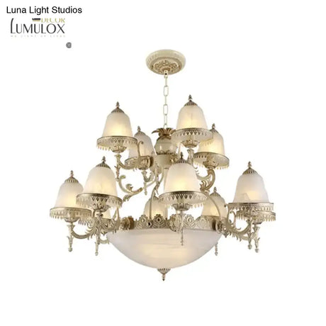 Frosted Glass White Chandelier Tiered Bell Shaped 15-Light Country Style Hanging Light