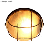 Frosted Ribbed Glass Flush Mount Ceiling Light In Rustic Bronze With Metal Cage - 1 - Light Porch