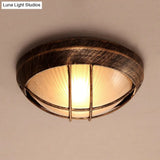 Frosted Ribbed Glass Flush Mount Ceiling Light In Rustic Bronze With Metal Cage - 1 - Light Porch