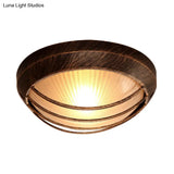 Frosted Ribbed Glass Flush Mount Ceiling Light In Rustic Bronze With Metal Cage - 1 - Light Porch