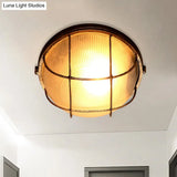 Frosted Ribbed Glass Flush Mount Ceiling Light In Rustic Bronze With Metal Cage - 1 - Light Porch