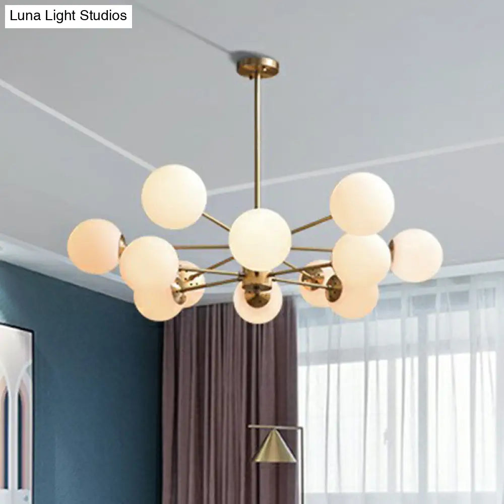 Frosted White Glass Ball Chandelier With Minimalist Gold Finish - Elegant Ceiling Light For Dining