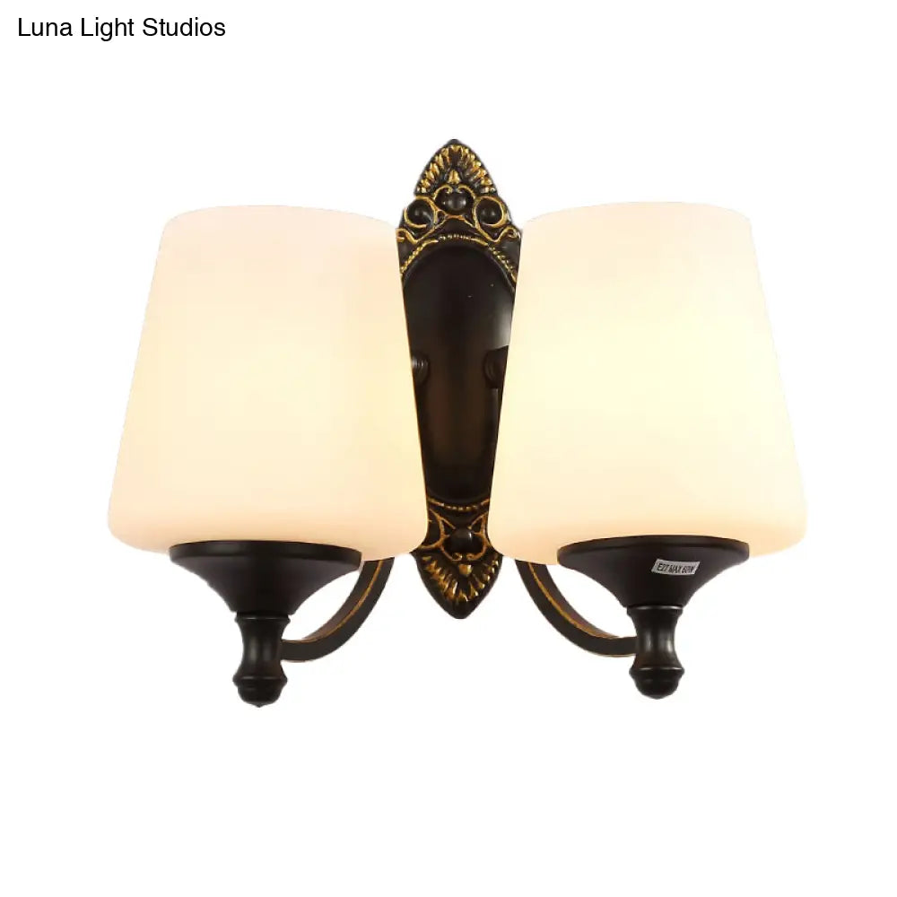 Frosted White Glass Cone Wall Light - Vintage Living Room Sconce Lighting (Black)