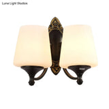 Frosted White Glass Cone Wall Light - Vintage Living Room Sconce Lighting (Black)
