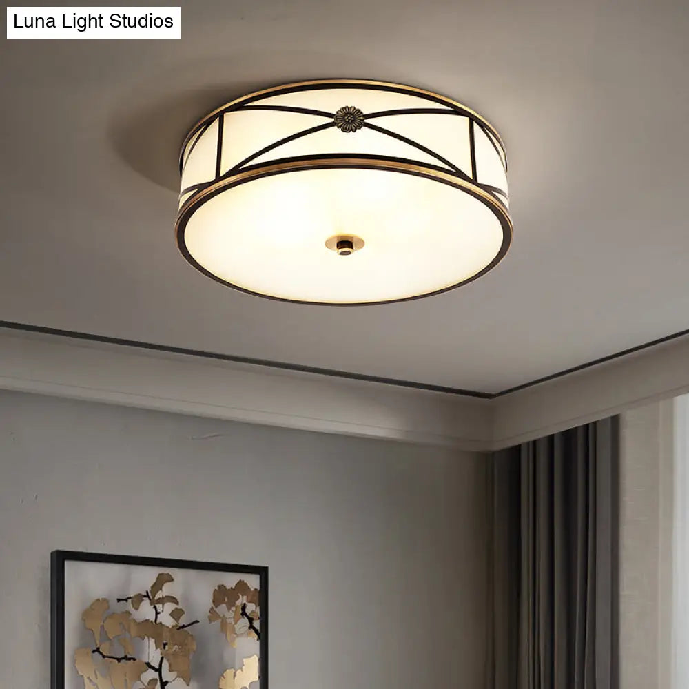 Frosted White Glass Flush Mount Ceiling Light For Bedroom - Traditional Drum Style