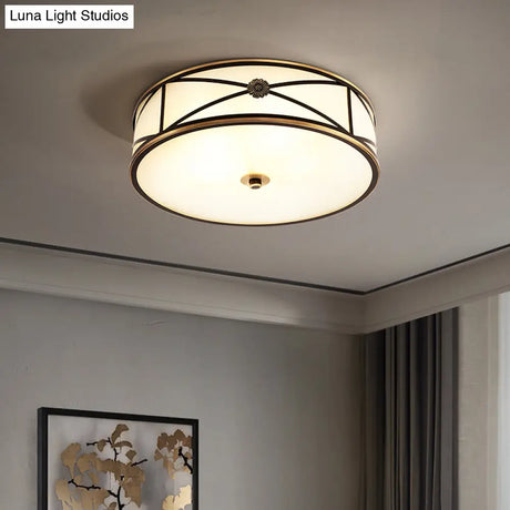 Frosted White Glass Flush Mount Ceiling Light For Bedroom - Traditional Drum Style