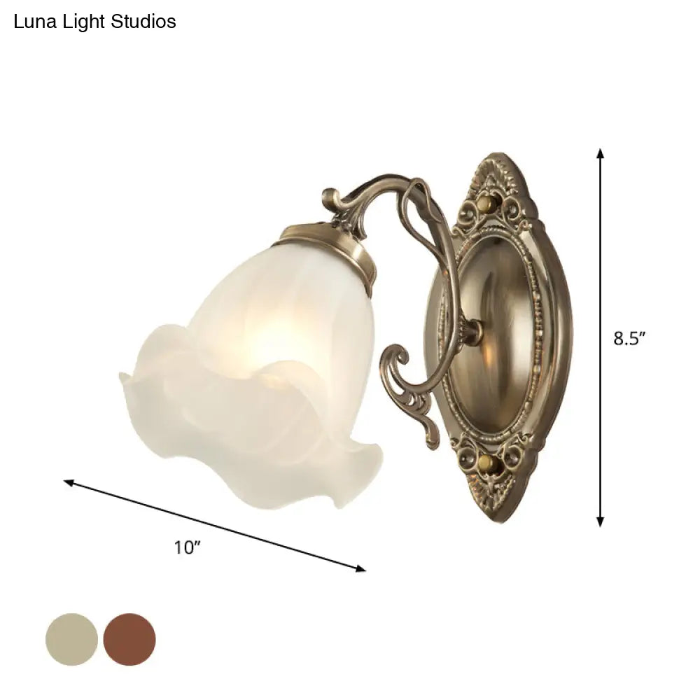 Frosted White Glass Ruffle Sconce Light - Traditional Corner Wall Mount In Bronze/Copper
