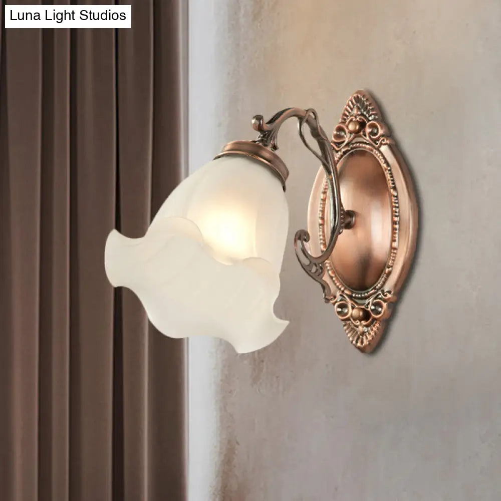 Frosted White Glass Ruffle Sconce Light - Traditional Corner Wall Mount In Bronze/Copper