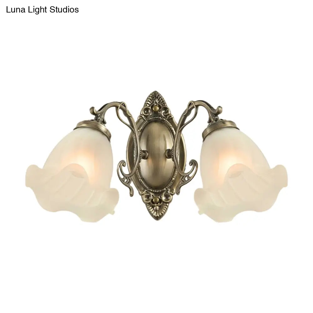 Frosted White Glass Ruffle Sconce Light - Traditional Corner Wall Mount In Bronze/Copper