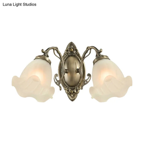 Frosted White Glass Ruffle Sconce Light - Traditional Corner Wall Mount In Bronze/Copper