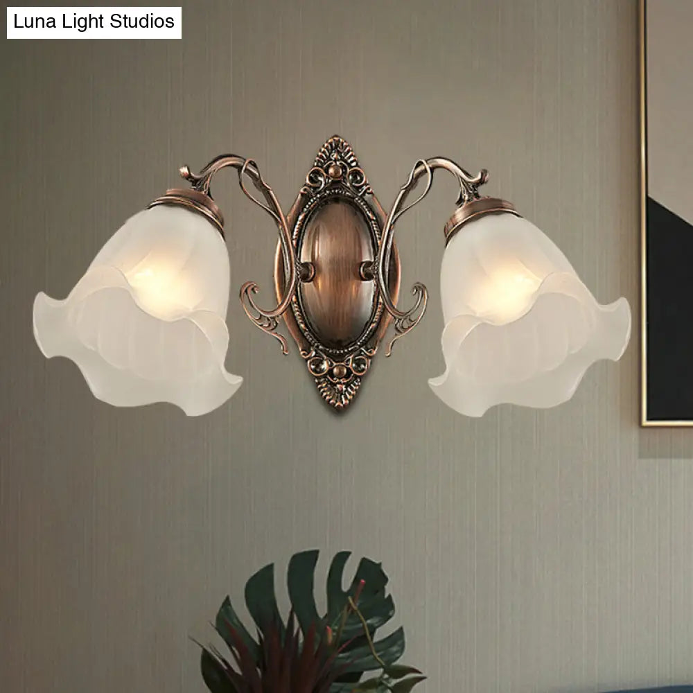 Frosted White Glass Ruffle Sconce Light - Traditional Corner Wall Mount In Bronze/Copper