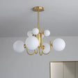 Frosted White Glass Sphere Pendant Light With Brass Finish - Designer 8-Light Chandelier