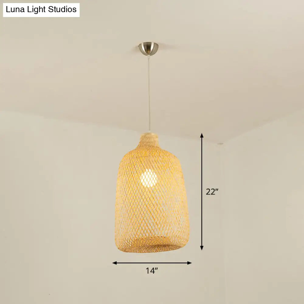 Geometric Beige Pendant Light With Asian Design - Bamboo Suspension Fixture