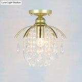 Geometric Brass Semi Flush Crystal Ceiling Mount - Traditional 1-Light Fixture For Hallways