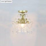 Geometric Brass Semi Flush Crystal Ceiling Mount - Traditional 1-Light Fixture For Hallways