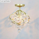 Geometric Brass Semi Flush Crystal Ceiling Mount - Traditional 1-Light Fixture For Hallways