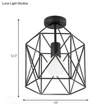 Geometric Cage Semi - Flush Ceiling Fixture - Industrial Black Metallic Finish Balcony Lighting