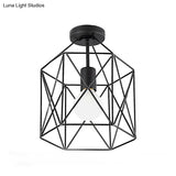 Geometric Cage Semi - Flush Ceiling Fixture - Industrial Black Metallic Finish Balcony Lighting