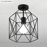 Geometric Cage Semi - Flush Ceiling Fixture - Industrial Black Metallic Finish Balcony Lighting
