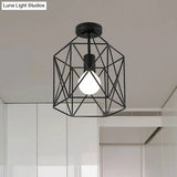 Geometric Cage Semi - Flush Ceiling Fixture - Industrial Black Metallic Finish Balcony Lighting